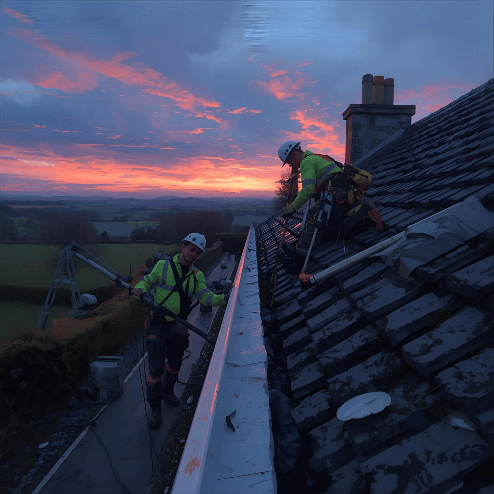 Professional roofers working on gutter repair